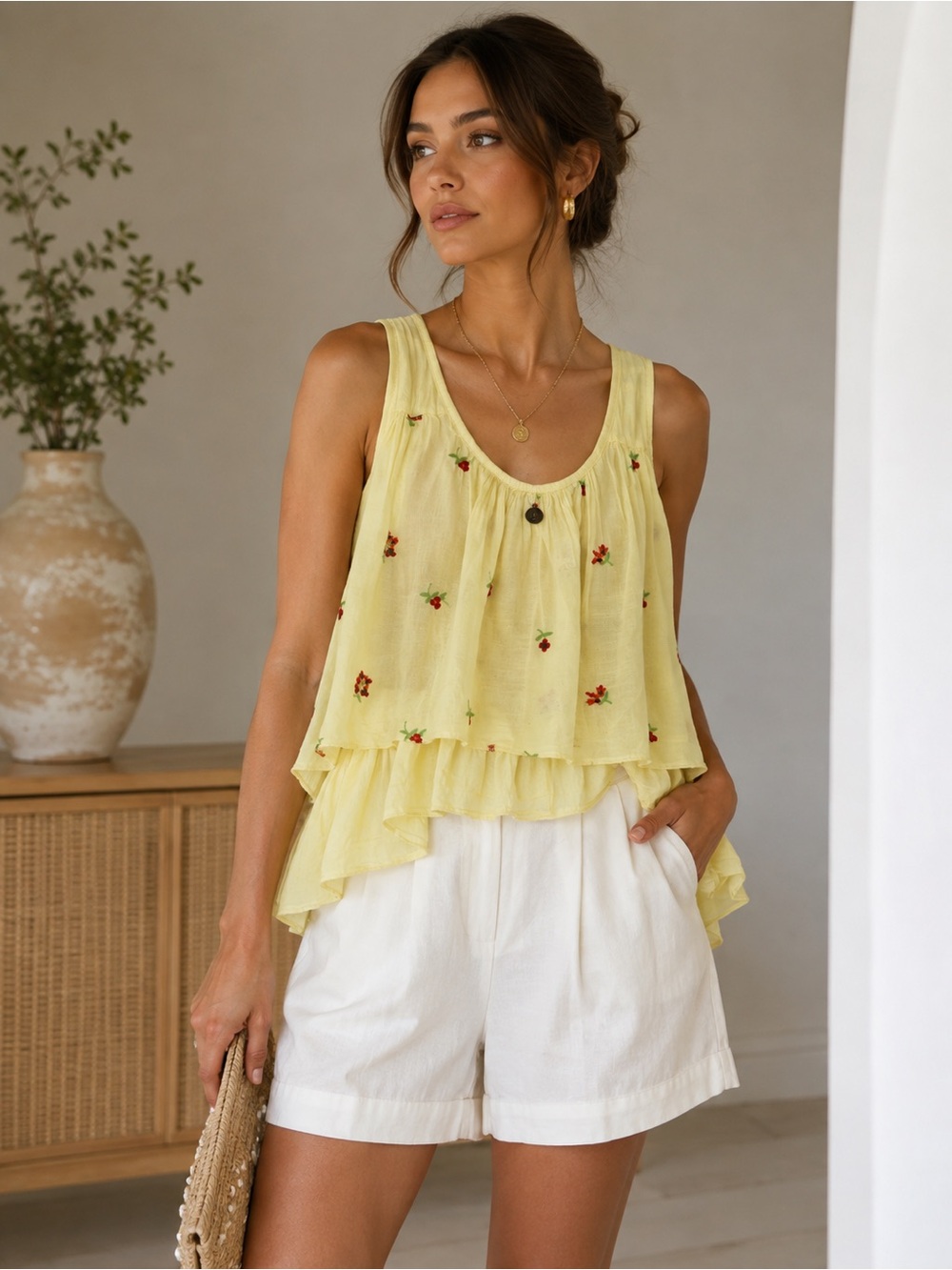 ITALIAN BRAND 50% SILK 💛💛💛 Yellow Tiered Embroidered Top